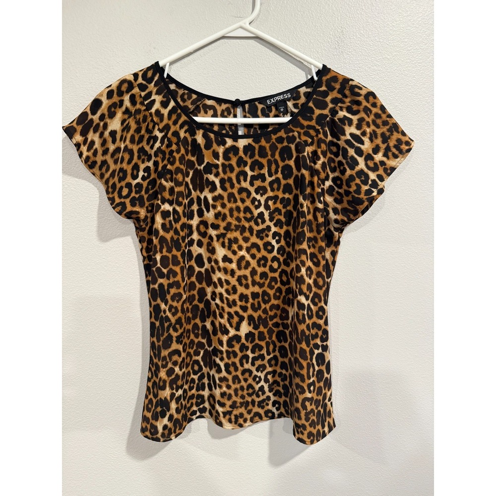 EXPRESS Top Women's XS Black‎ Brown Leopard Print Flutter Sleeve Pullover Blouse